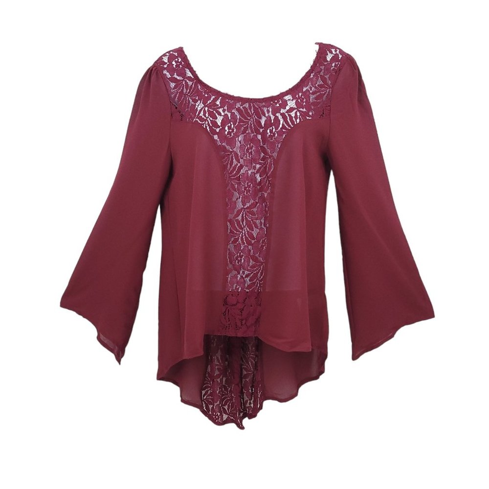 KLD Signature Lace High Low Top Womens Size S Kimono Style Sleeve Wine